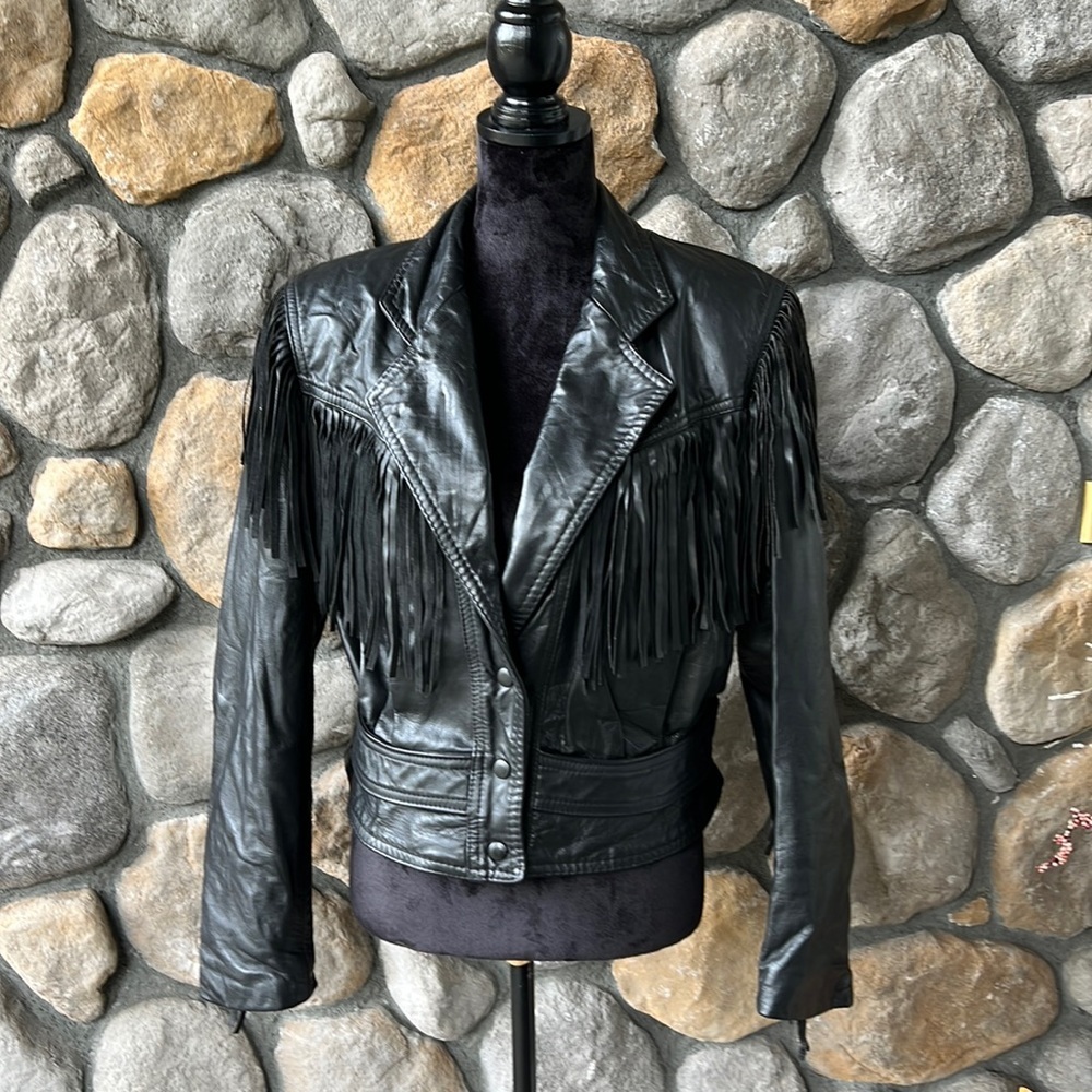 GIII Black Leather Fringe Moto Jacket Size‎ Large